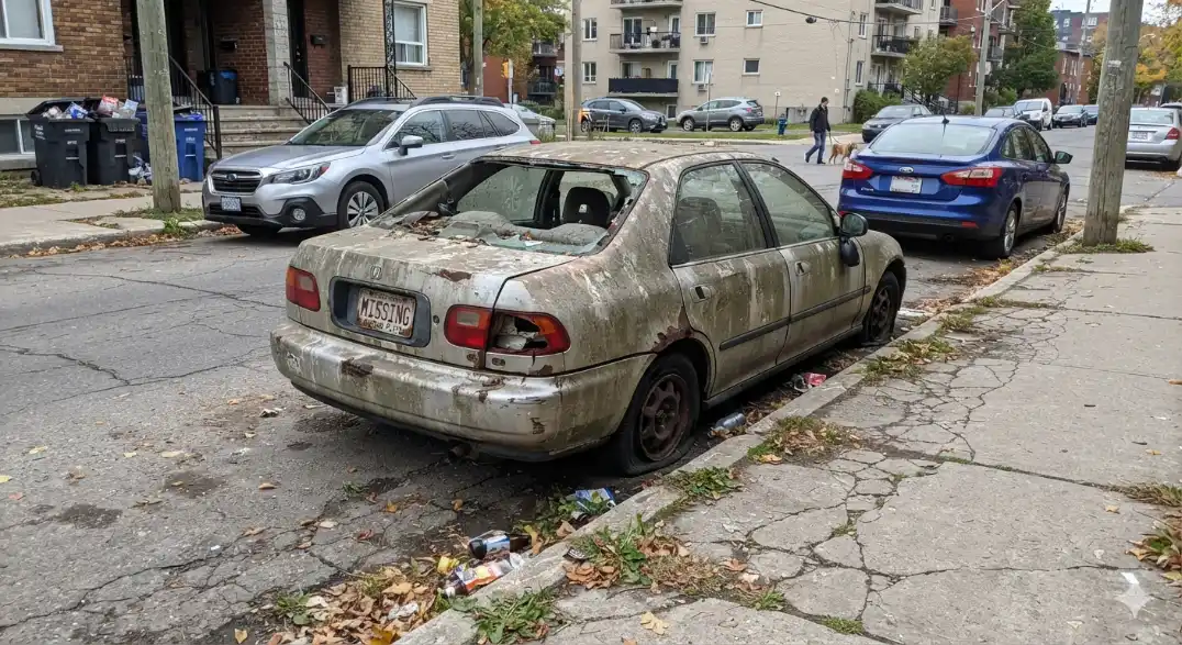 A heavily rusted and abandoned unregistered car with broken windows parked on a residential street taking up space.