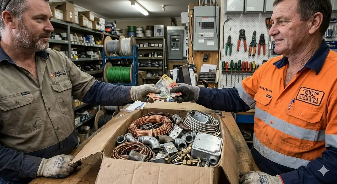 An electrician handing over a box of copper wire and fittings to a Brisbane metal recycler in exchange for cash payment.