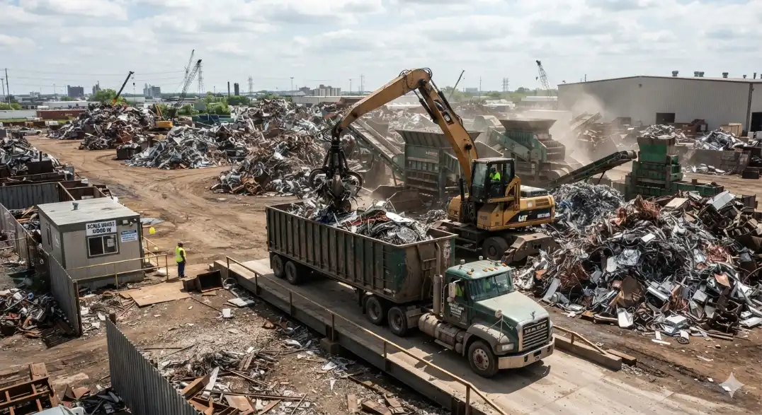 A yellow excavator loading scrap metal into a large truck at a busy outdoor metal recycling facility with sorted piles in the background.