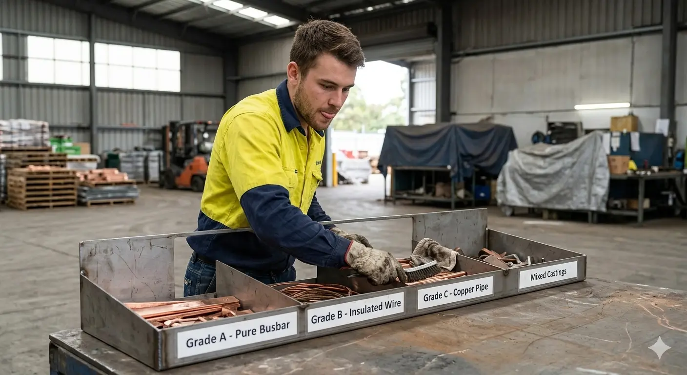 A worker in hi-vis sorting different grades of copper, including pure busbar, insulated wire, and copper pipe, into clearly labeled sections inside a Brisbane recycling warehouse.