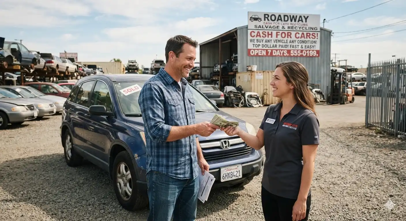 Seller receiving payment for his SUV at a car salvage and recycling yard, with wrecked vehicles and a 'Cash for Cars' sign in the background.