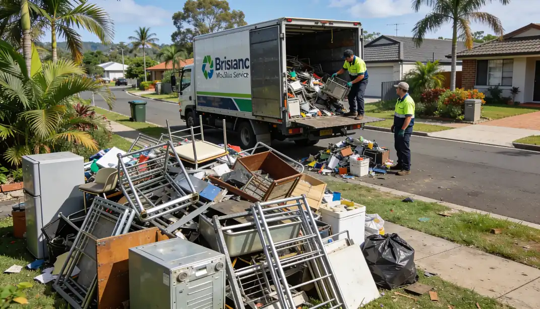 A worker in an orange hi-vis vest loading piles of scrap metal copper wire and old appliances into a large rear-loading council waste collection truck parked on a sunny Queensland suburban driveway surrounded by tropical plants.
