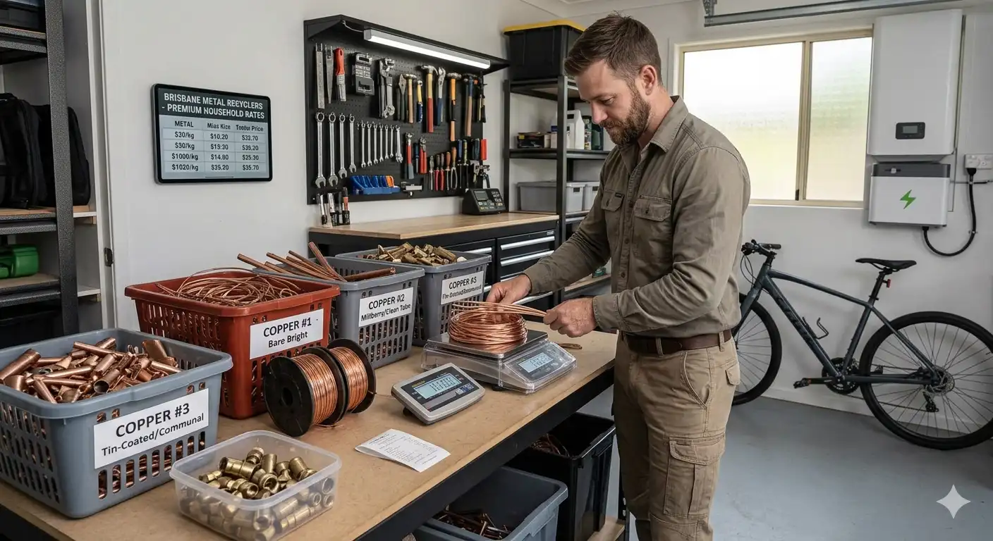 Brisbane Metal Recyclers staff member paying a customer for a load of copper pipe and wire on a certified platform scale, with the weight and payout displayed on the digital readout.