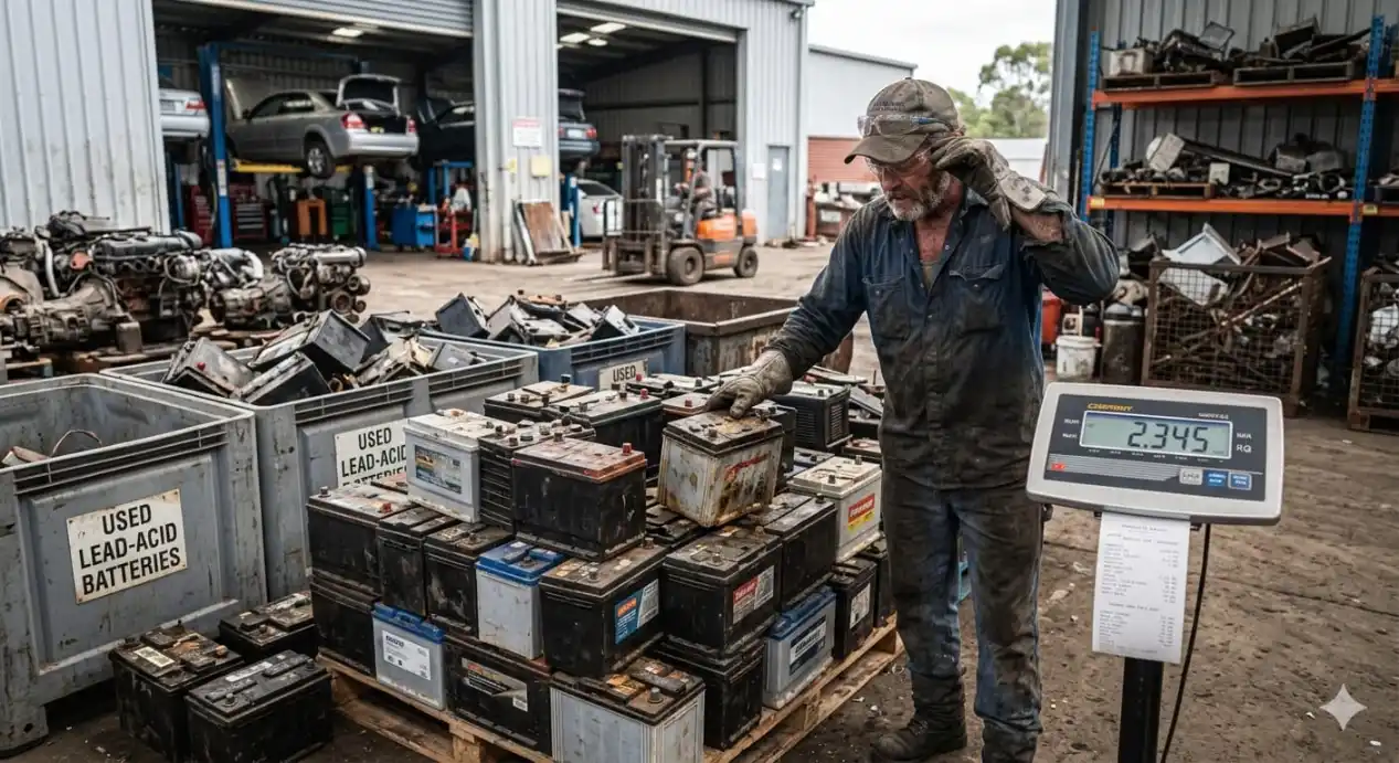 Worker weighing a pallet of used lead-acid car batteries on a digital scale at a Brisbane scrap yard, stacked upright next to bins labelled 'Used Lead-Acid Batteries.'