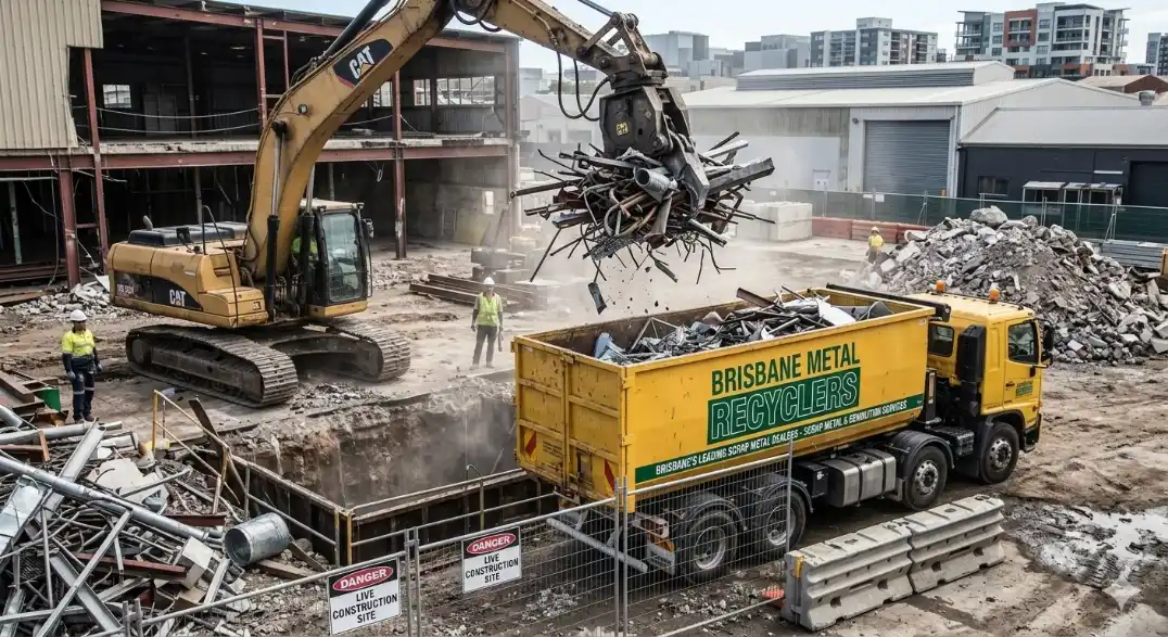 Excavator loading construction scrap metal into a truck at a demolition site in Brisbane.