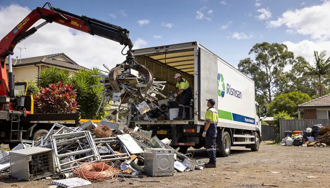 Two workers in hi-vis vests using a red hydraulic crane with a claw attachment to load large piles of scrap metal copper wire and old appliances into a white recycling truck parked on a Queensland suburban street with eucalyptus trees in the background.