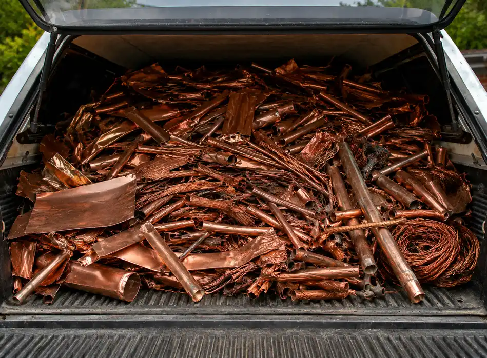 Copper pipes cable and sheet metal loaded into a ute tray for recycling